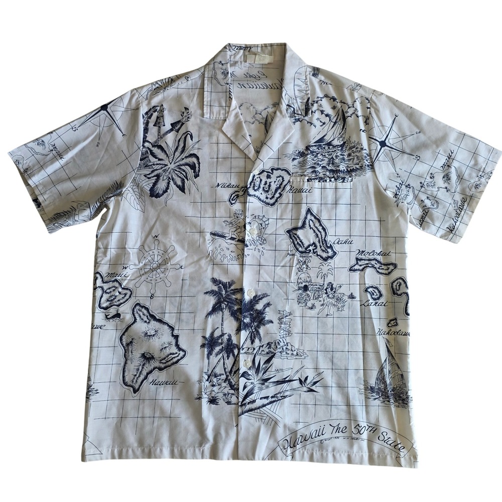 Vintage 80s Casual Wear Hawaii 50th State Map Shirt Mens Large Made In USA Tiki